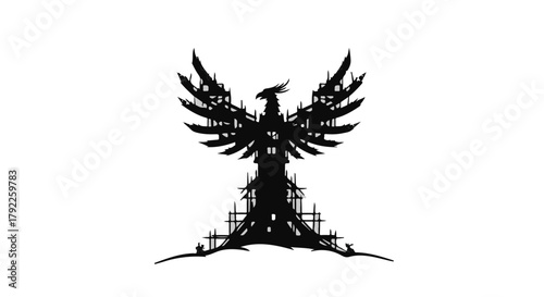 Mythical phoenix silhouette emerging from ruins, symbolizing rebirth and resilience