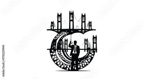 Man in silhouette holding umbrella under a stylized bridge and moon