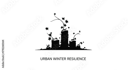Silhouette of city buildings intertwined with growing vines and leaves, symbolizing urban resilience.