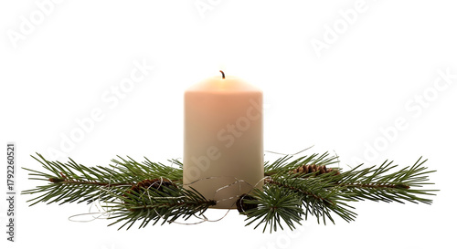 Beige candle with pine needles  isolated on transparent background