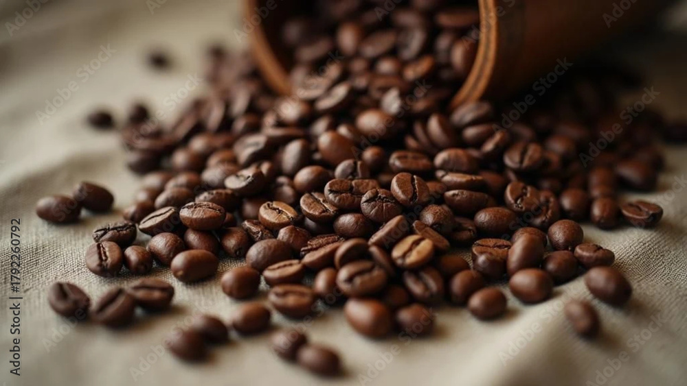 Fototapeta premium Coffee beans on linen tablecloth.