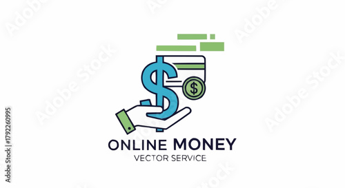 Online Money Vector Service - Hand Holding Dollar Sign and Credit Card.