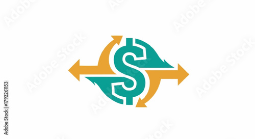Financial exchange concept with dollar sign and arrows representing transactions.