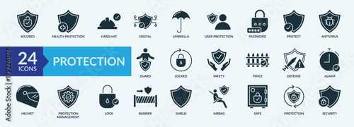Protection thin icon set containing lock, barrier, umbrella, guard, shield