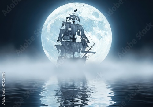 A haunted pirate ship sails across a misty ocean under a large, glowing full moon