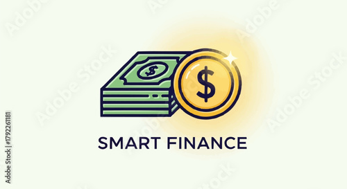 Smart Finance - Stack of Bills and a Shiny Gold Coin.