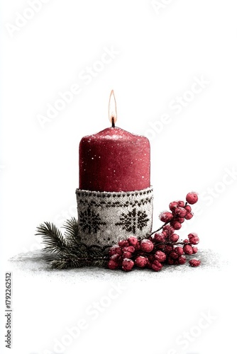 Hand-Drawn Red Candle with Knitted Sleeve and Frosted Winter Berries for Elegant Holiday Illustration
