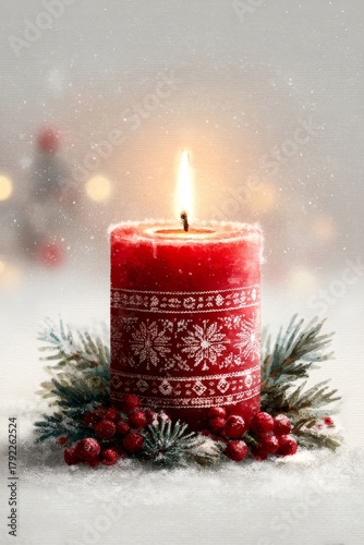 Red Nordic Candle Surrounded by Snowy Pine and Winter Berries for Cozy Christmas Greeting Design