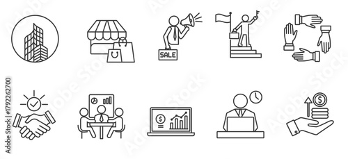  business icons collection includes corporation, marketing, sales, success, synergy, collaboration, meeting, profit, work, investment with thin lines and white background.