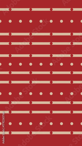 A repeating pattern of red background with beige horizontal lines and beige circles aligned in rows