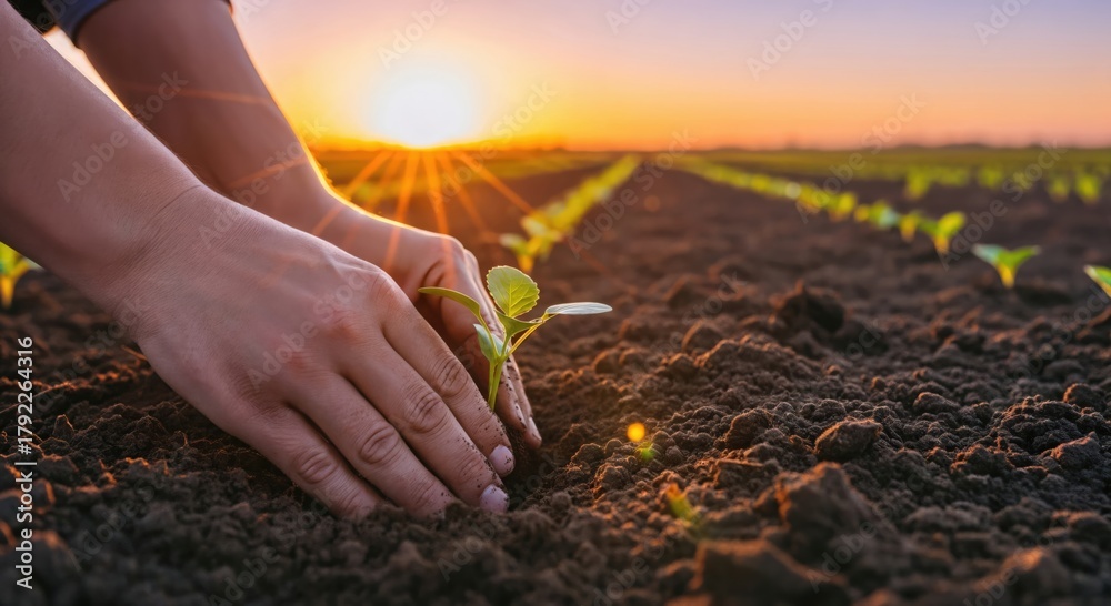 Fototapeta premium Gardener Planting Seedlings in Soil at Sunrise on Farm Land