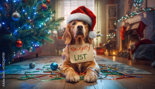 Adorable Golden Retriever Wearing Santa Hat Holds Naughty List Sign in Festive Christmas Living Room