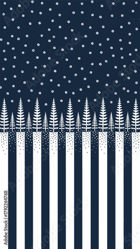 A wintery scene with white trees and snowflakes on a dark blue background with vertical stripes below them