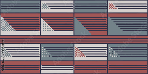 A geometric pattern featuring squares, lines, triangles, and dots in shades of gray, red, and white