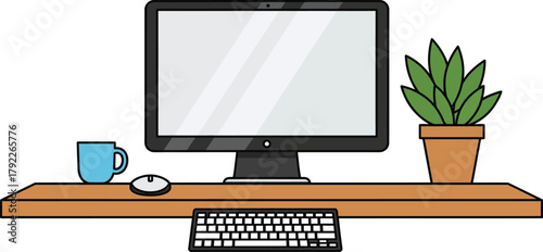 A clean, modern workspace setup with a computer, keyboard, mouse, coffee mug, and a potted plant on a wooden desk.