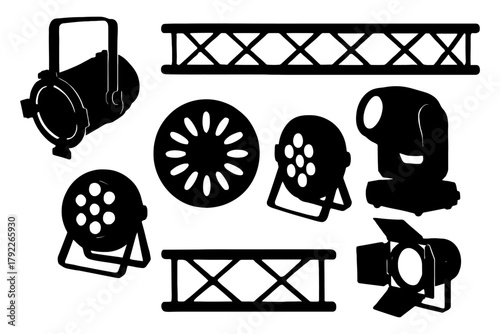 Silhouette set of stage lighting equipment and truss elements for events.