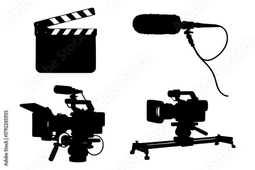 Silhouettes of film equipment: clapperboard, microphone, cameras.
