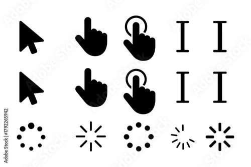 Cursor and loading icon set: pointers, hands, spinners, and text cursors.