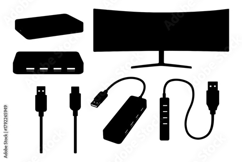 Silhouette of computer accessories and cables featuring monitor and usb hub.