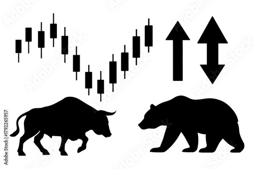 Bull vs bear: market trends and stock chart analysis symbols.