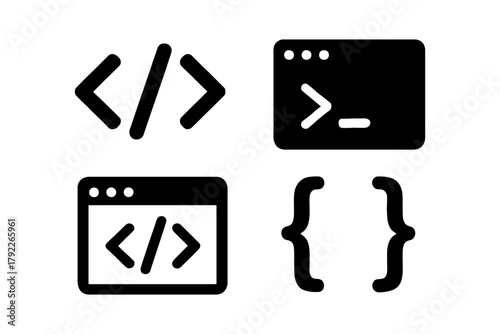 Programming symbols: code tags, terminal window, curly braces icons.