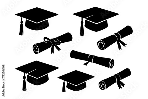 Black silhouette graduation caps and diploma scrolls on white background.