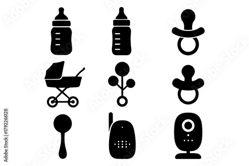 Baby essentials icons: bottles, pacifiers, stroller, rattle, spoon, monitor, camera.