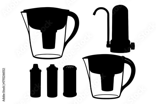 Collection of water filters and pitchers in black silhouette illustration.