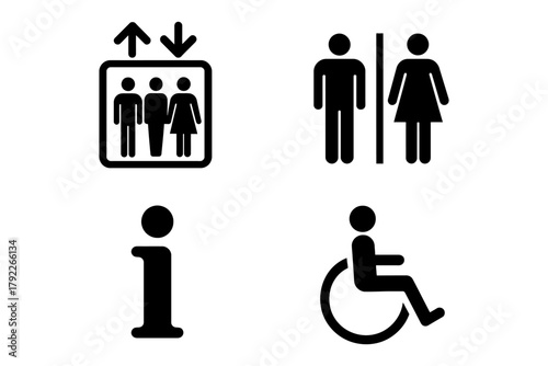 Universal public symbols: elevator, restroom, information, wheelchair accessibility.