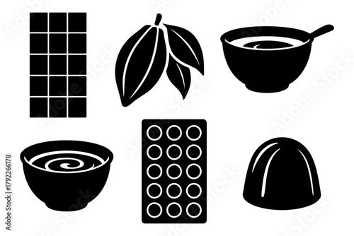 Silhouette icons of chocolate, cocoa beans, pudding, and candy molds.