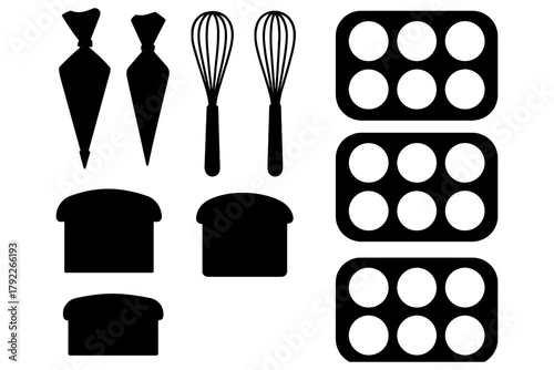 Baking tools: piping bags, whisks, loaf bread, muffin trays silhouettes.