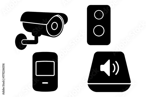 Surveillance camera, light switch, smartphone, speaker icons in black silhouette.