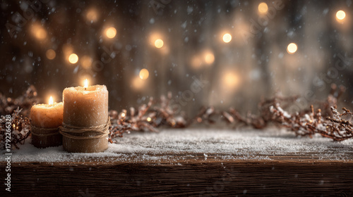 cozy christmas scene background, candlelight glow, soft snow, wooden texture, festive garlands around borders, center kept empty for slide text, soft focus
