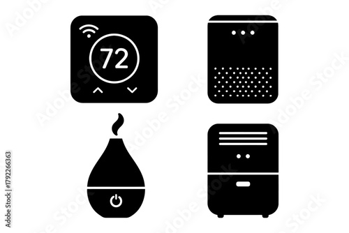 Smart home icons: thermostat, air purifier, humidifier, dehumidifier.