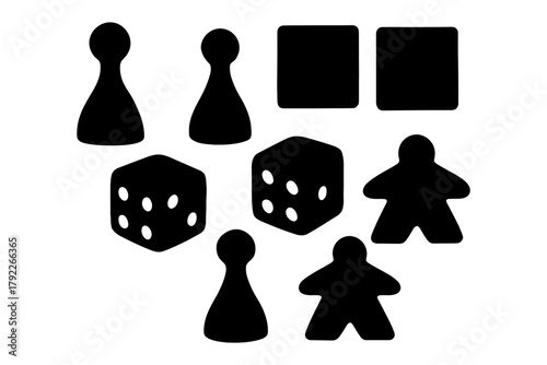 Black silhouettes of board game pieces and dice on white background.