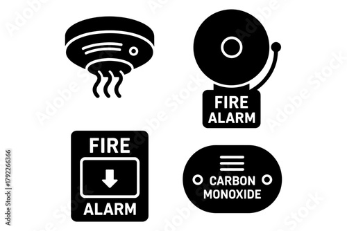 Fire and gas safety icons: smoke detector, fire alarm, and carbon monoxide signage.