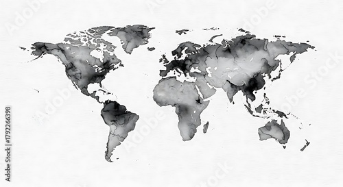 Stunning monochrome watercolor world map art, abstract global continents for modern décor, travel inspiration, and educational concepts