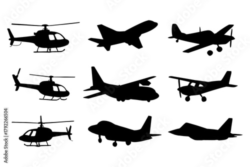 Silhouettes of various aircraft: helicopters, planes, and jets in flight.