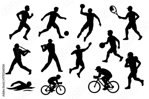 Silhouettes of athletes playing various sports - icons of dynamic physical activity.