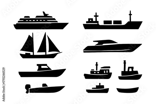 Silhouettes of various boats and ships on white background.