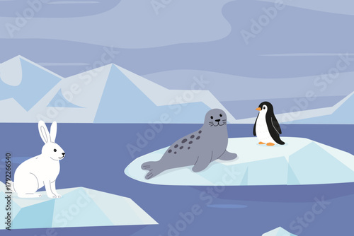 Winter scene featuring a seal, penguin, and hare on floating ice in a tranquil Arctic landscape