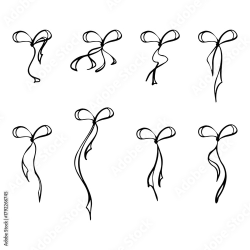 Satin bows tied in elegant loops and neat knots. Vector illustration in clean minimal style. Perfect for gift wrapping designs, greeting cards, festive decor, packaging accents, holiday invitations.