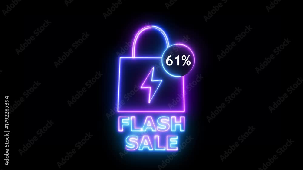 Neon Flash Sale Shopping Bag With 61 Percent Discount On Black Background image photo