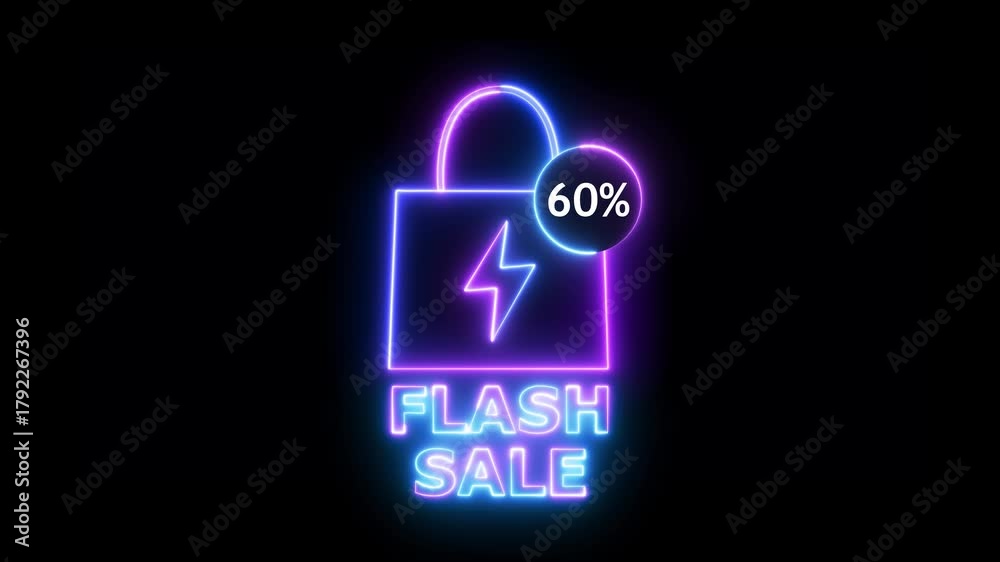 Neon Flash Sale Shopping Bag With 60 Percent Discount On Black Background image photo
