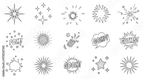 Collection of various starburst and explosion graphic elements in black and white.