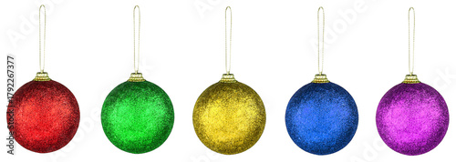 A set of five isolated colorful glitter christmas ball ornaments. For holiday designs, templates, web banners, and seasonal marketing materials.