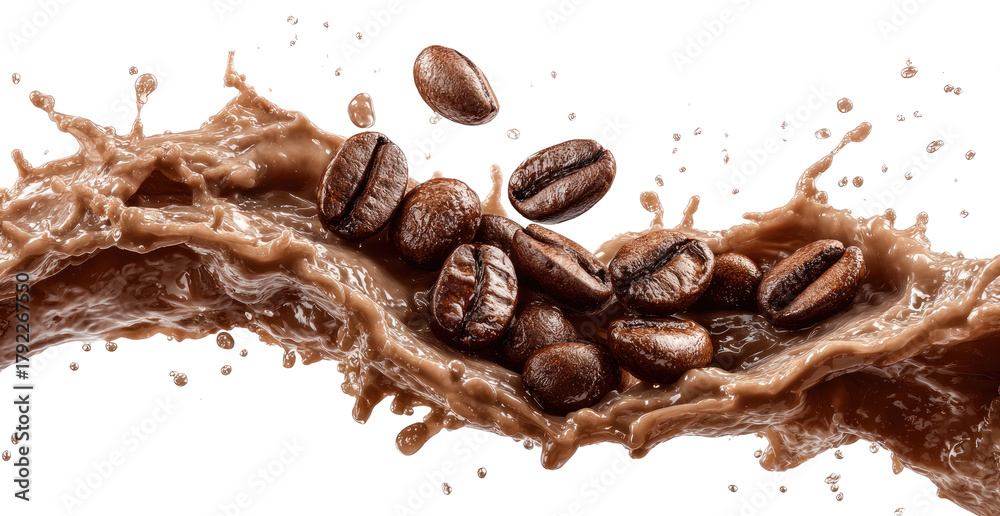 Fototapeta premium Coffee beans splashing into creamy liquid