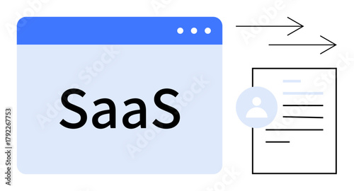 SaaS window illustration, user profile icon, arrows signifying data transfer. Ideal for cloud computing, software automation, digital services, technology, user management, workflow simple flat
