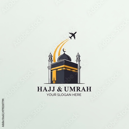 Embark on your spiritual journey with our modern Hajj & Umrah travel logo featuring the iconic Kaaba and an airplane.
