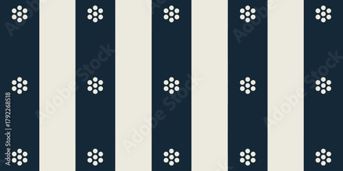 A pattern of navy and cream stripes with six petal flower shapes evenly spaced throughout the image